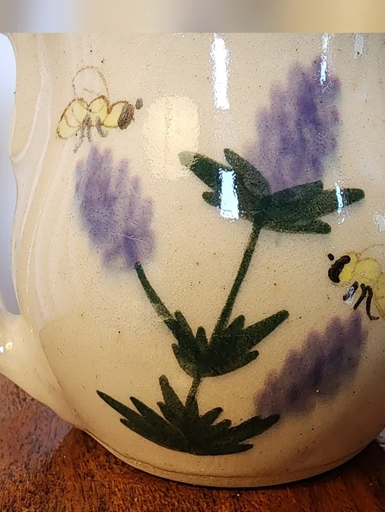 Art Pottery Honey Pot Hand Painted Bees & Lavendar Signed Jam Jar & Creamer - Picture 2 of 6